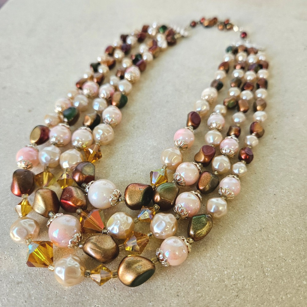 Vintage 60s 4 Strand Beaded Necklace Bronze Gold Cream Pink Faux Pearl Crystal